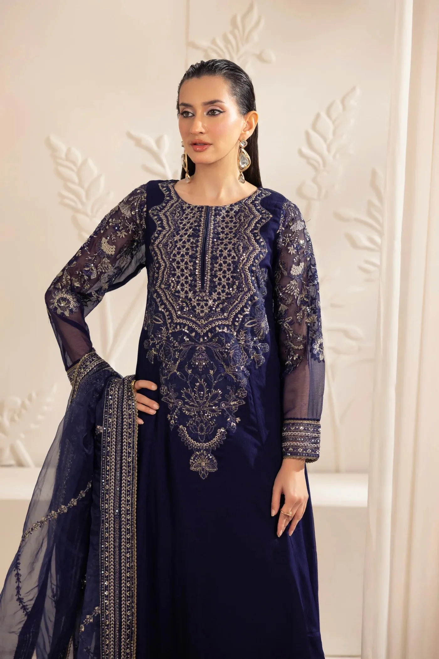 3PC EMBROIDERED CHIFFON LONG DRESS BY MOHAGNI 14
