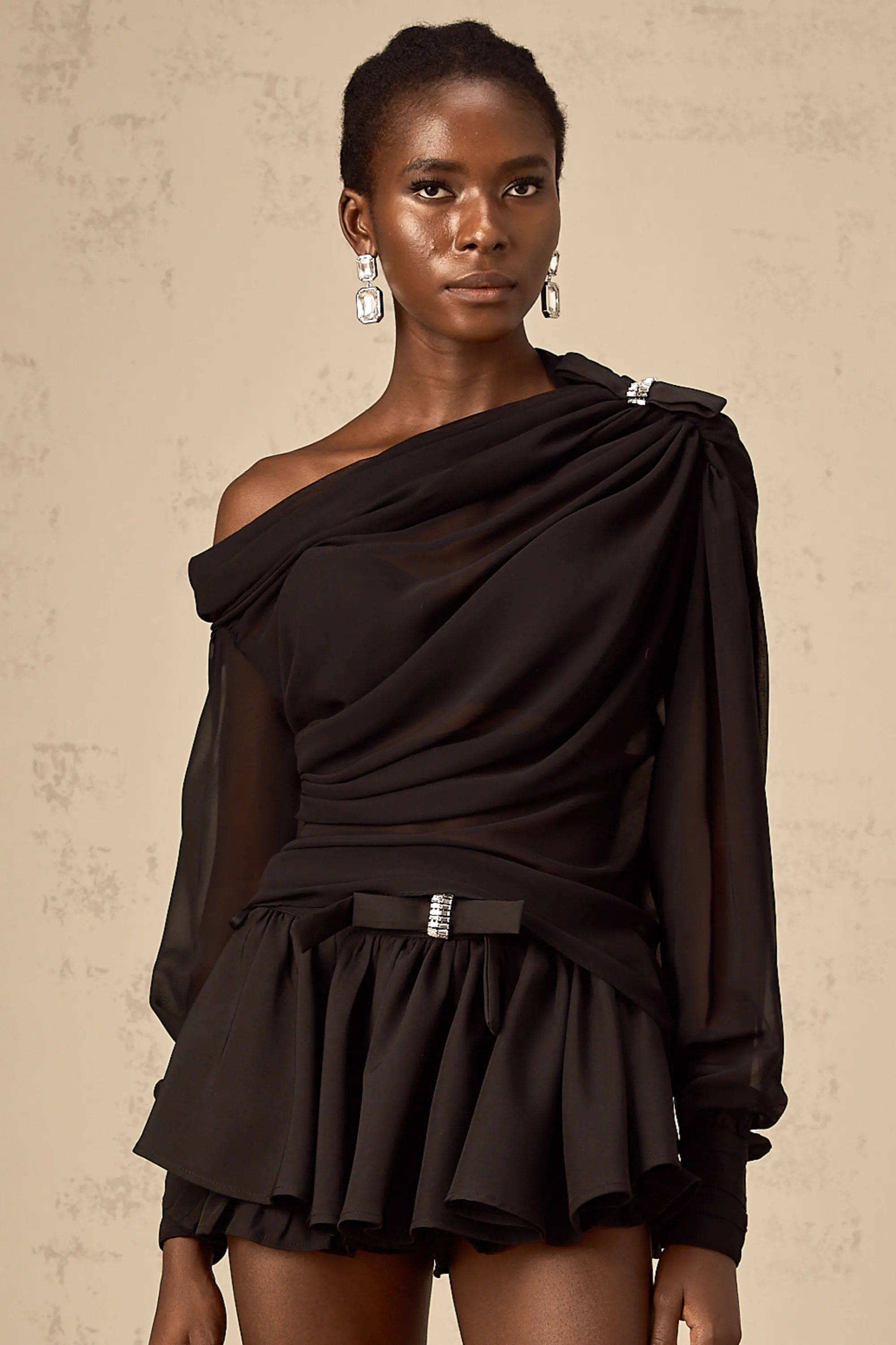Andrea asymmetric tulle blouse & skirt matching set in Black