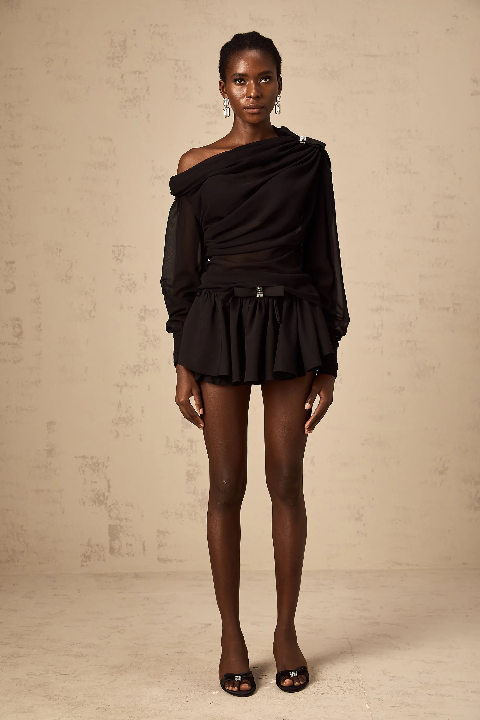 Andrea asymmetric tulle blouse & skirt matching set in Black