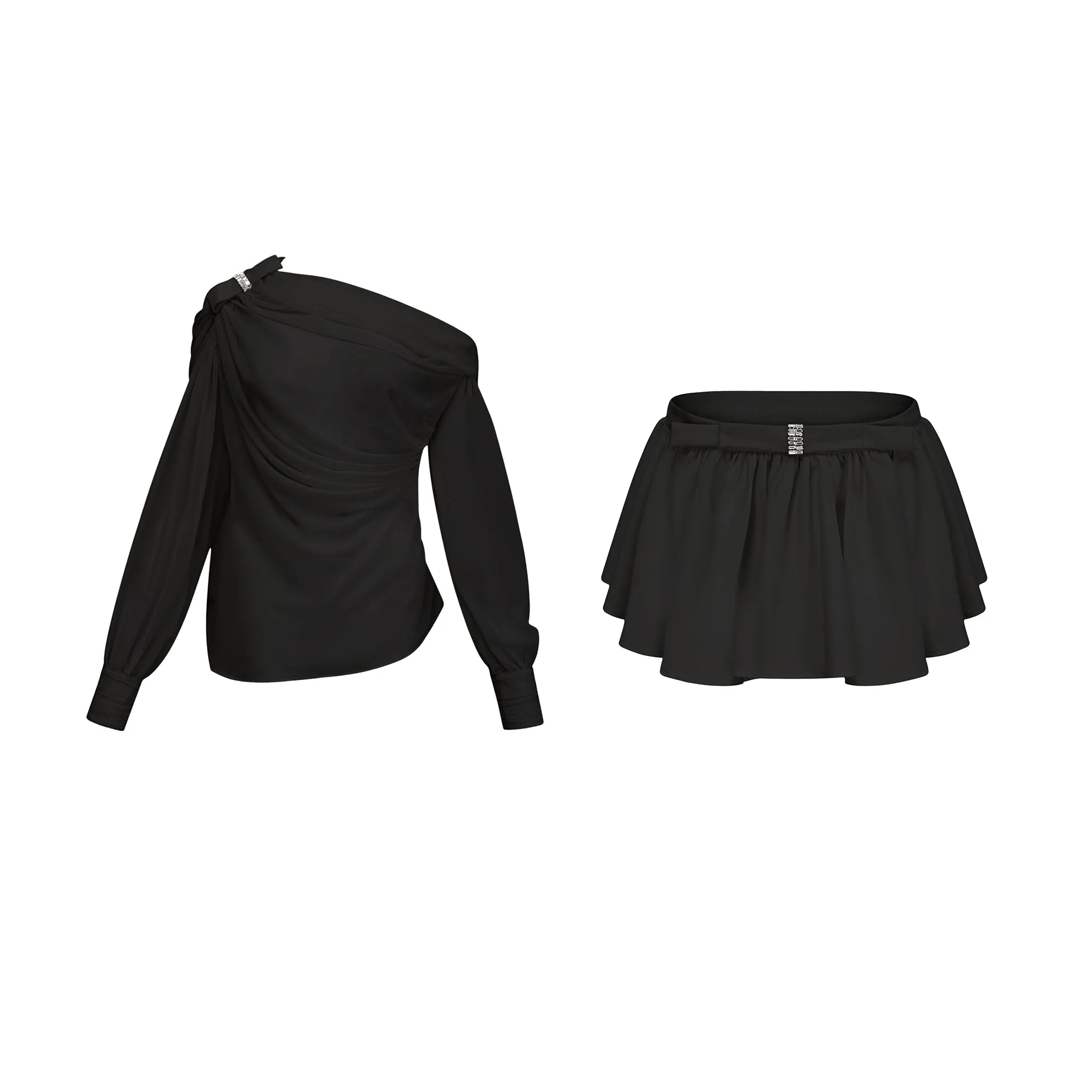 Andrea asymmetric tulle blouse & skirt matching set in Black