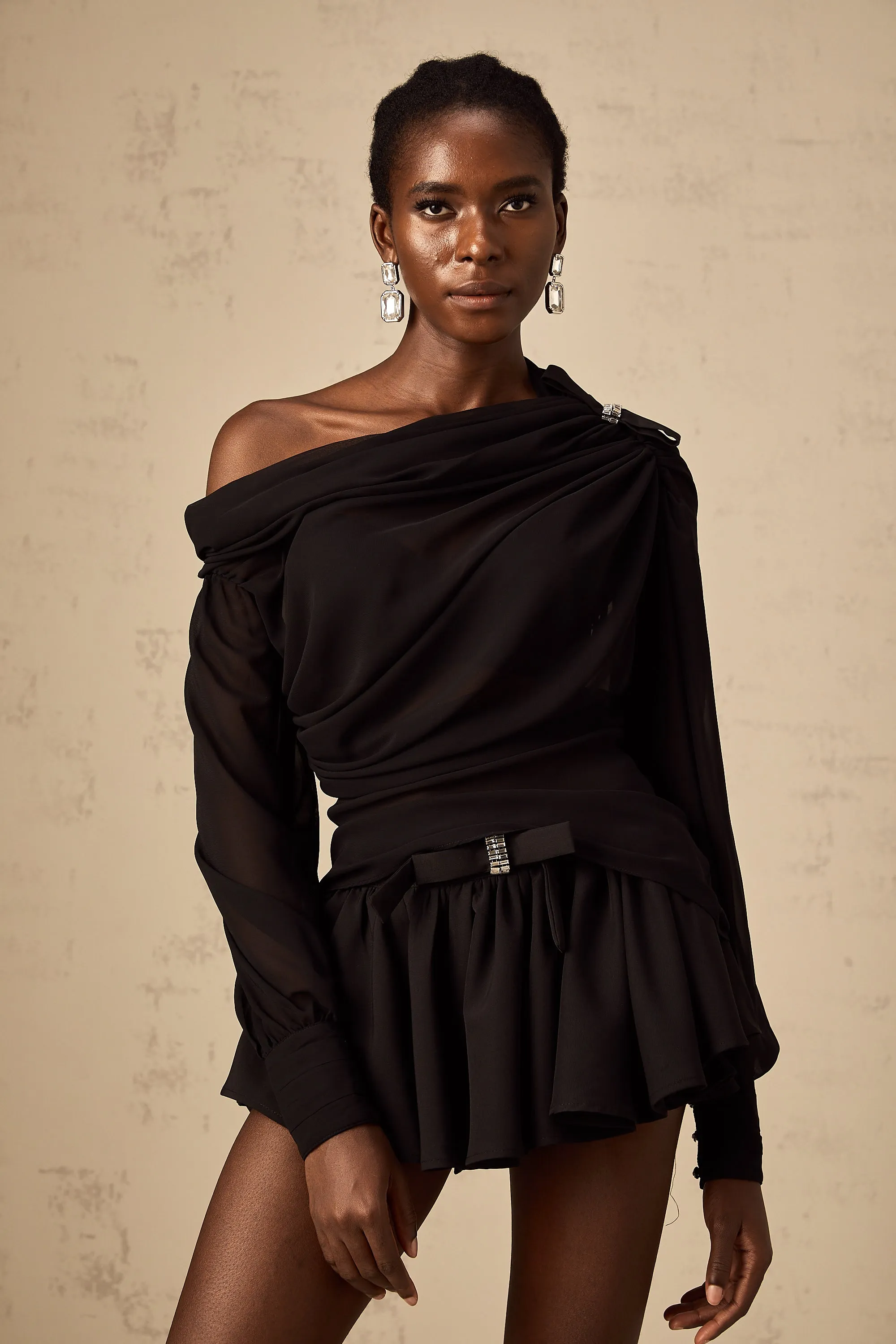 Andrea asymmetric tulle blouse & skirt matching set in Black
