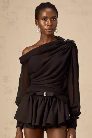 Andrea asymmetric tulle blouse & skirt matching set in Black