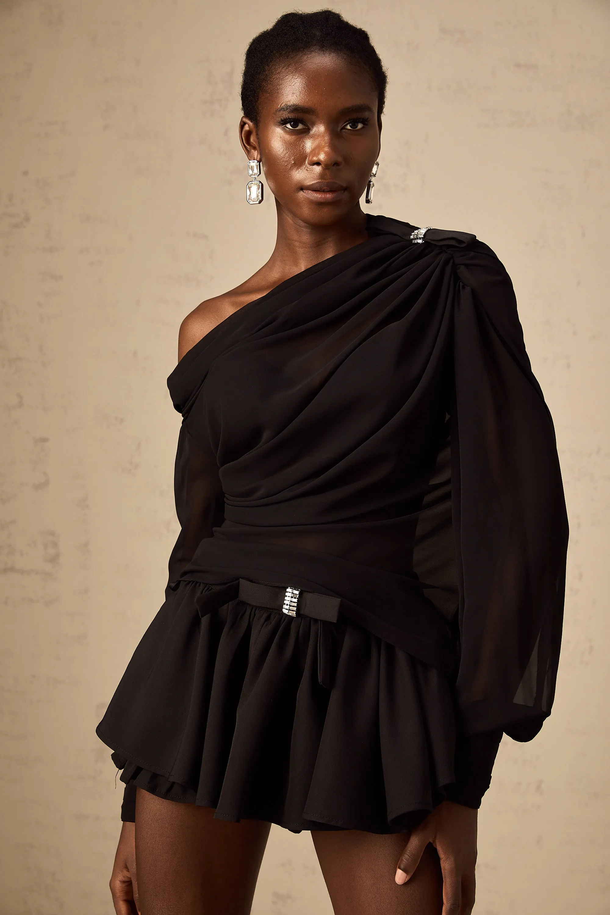 Andrea asymmetric tulle blouse & skirt matching set in Black