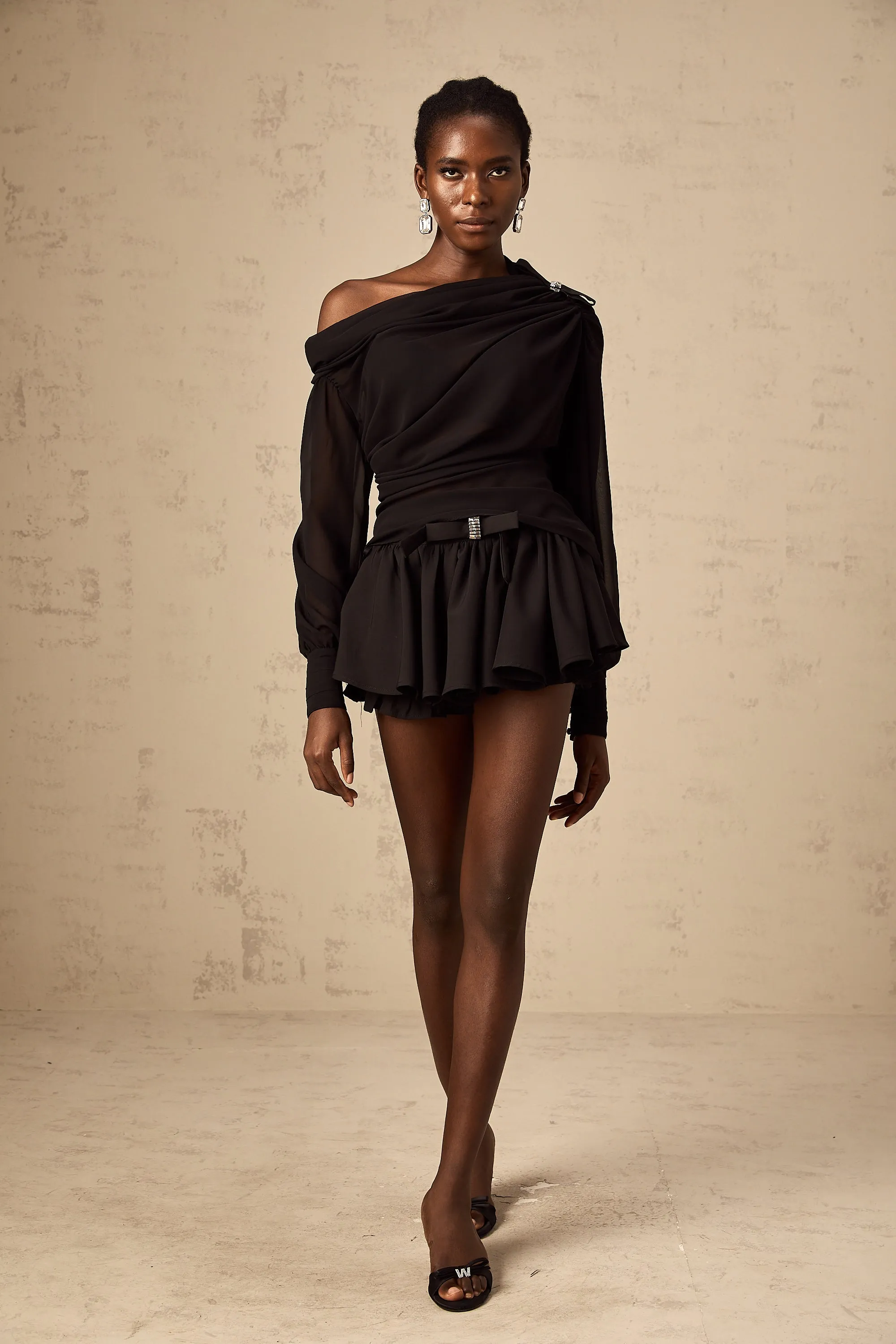 Andrea asymmetric tulle blouse & skirt matching set in Black