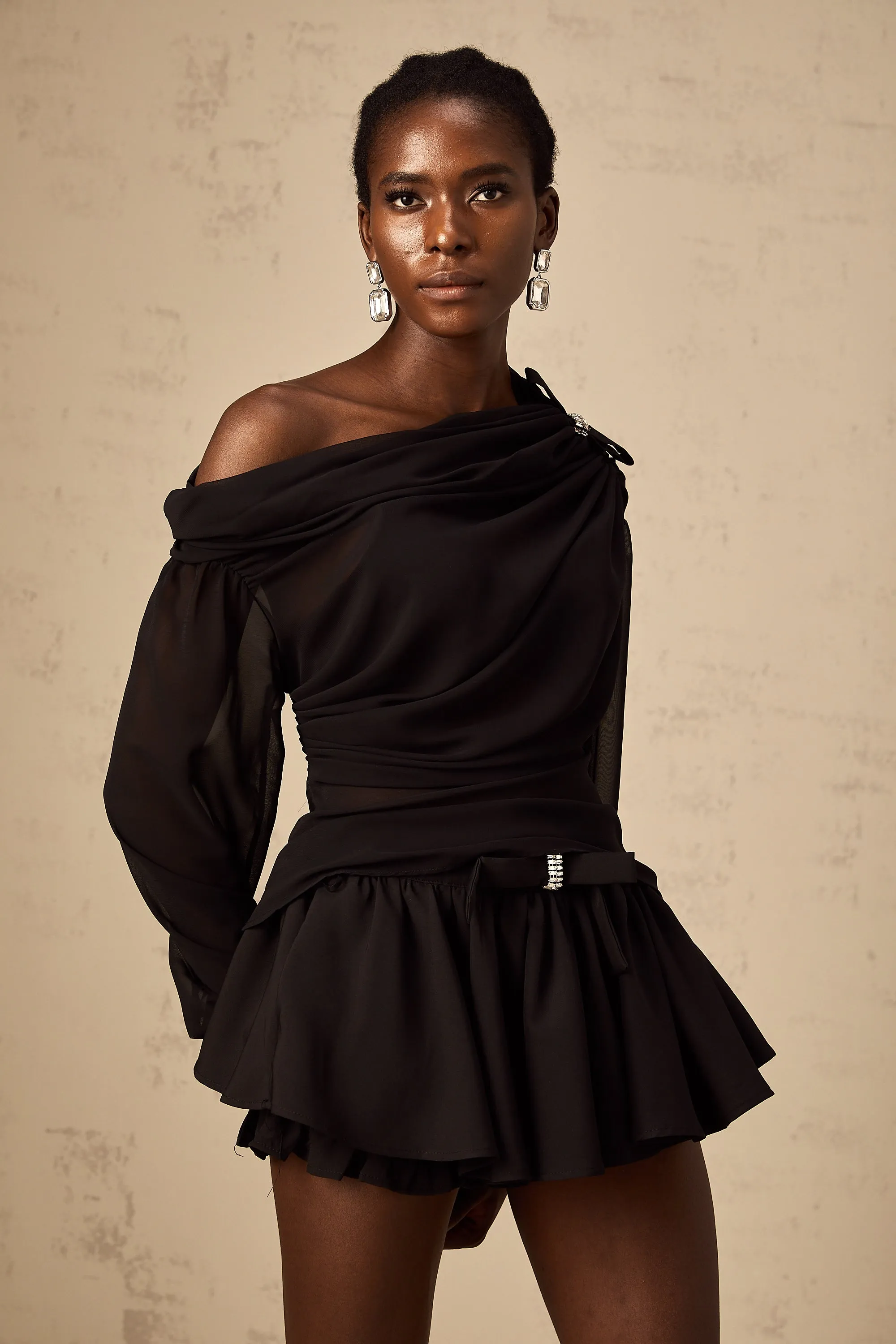 Andrea asymmetric tulle blouse & skirt matching set in Black