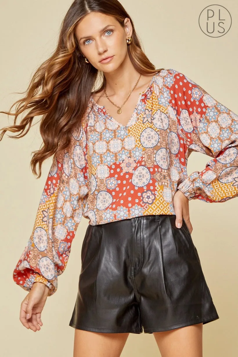 Andree By Unit Rust Retro Print Blouse Plus