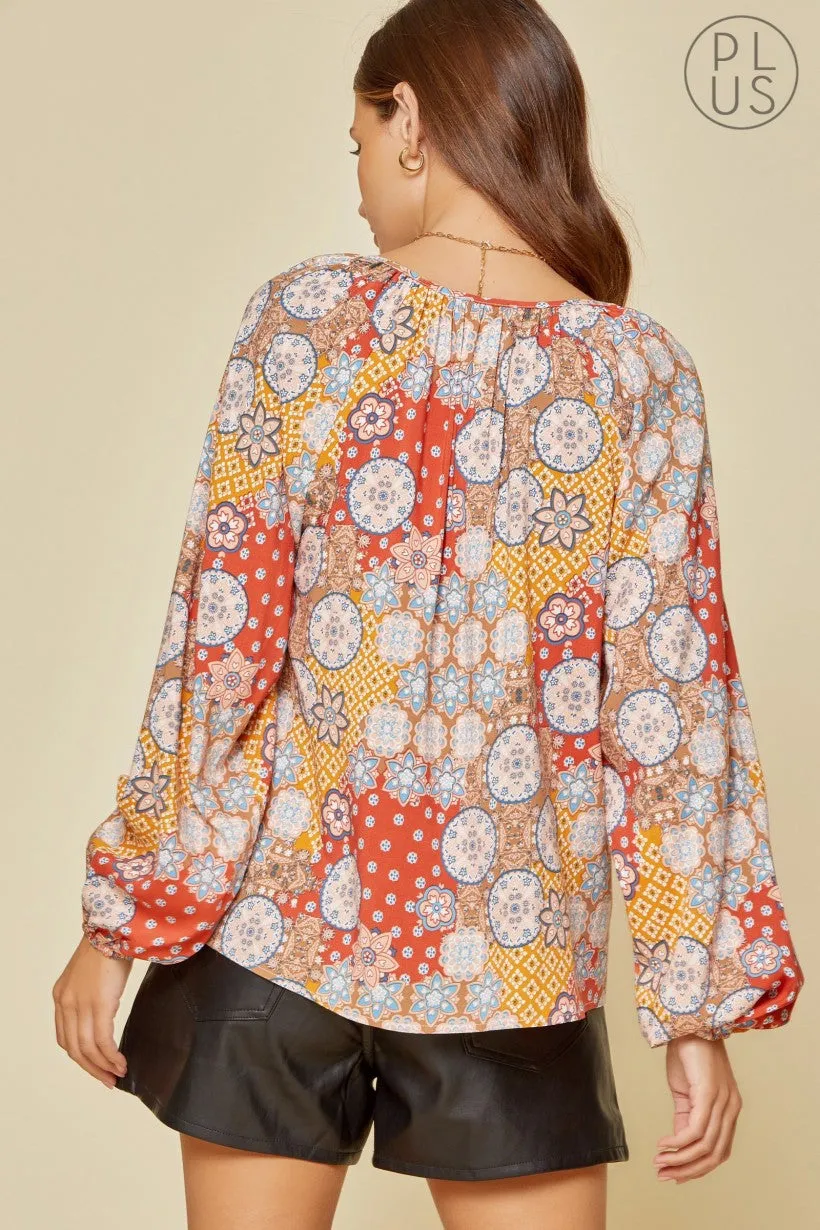 Andree By Unit Rust Retro Print Blouse Plus