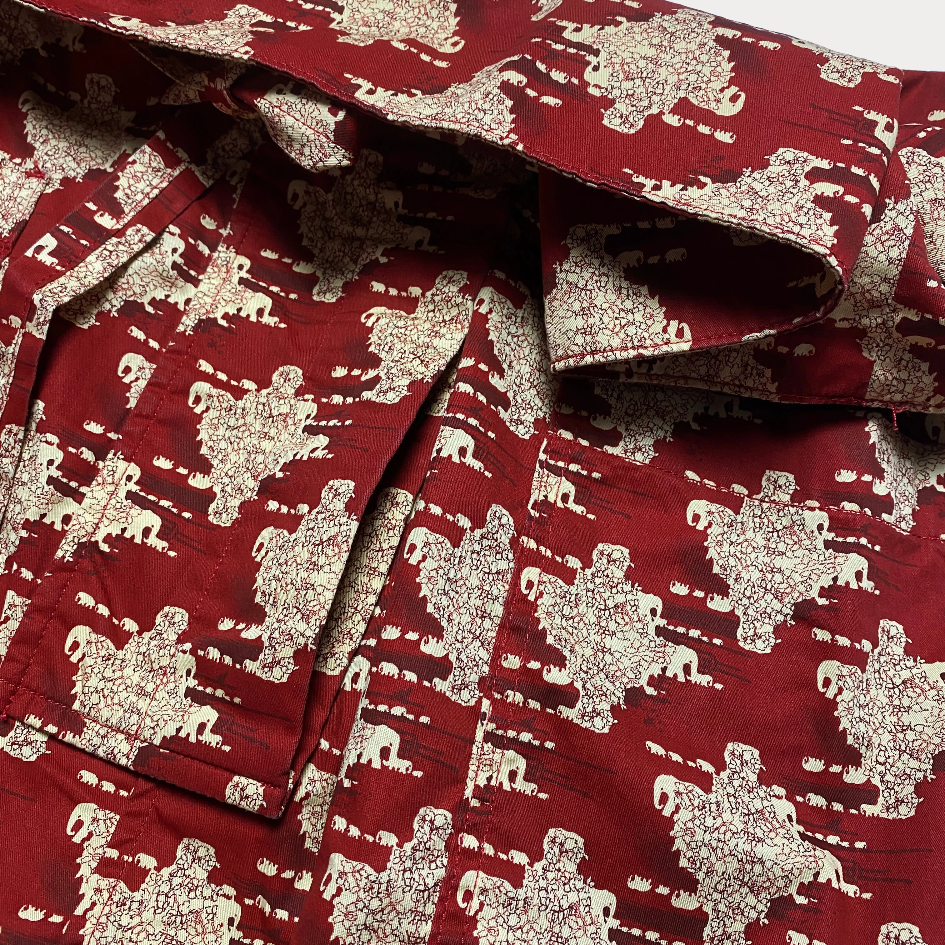 BZEN M.1063 SAWADEE-ER RELAX FIT UNISEX ANKLE LENGTH ELEPHANT PRINT POPLIN THAI FISHERMEN 4 POCKET DENIM WRAP PANT-5OZ-E0 RED