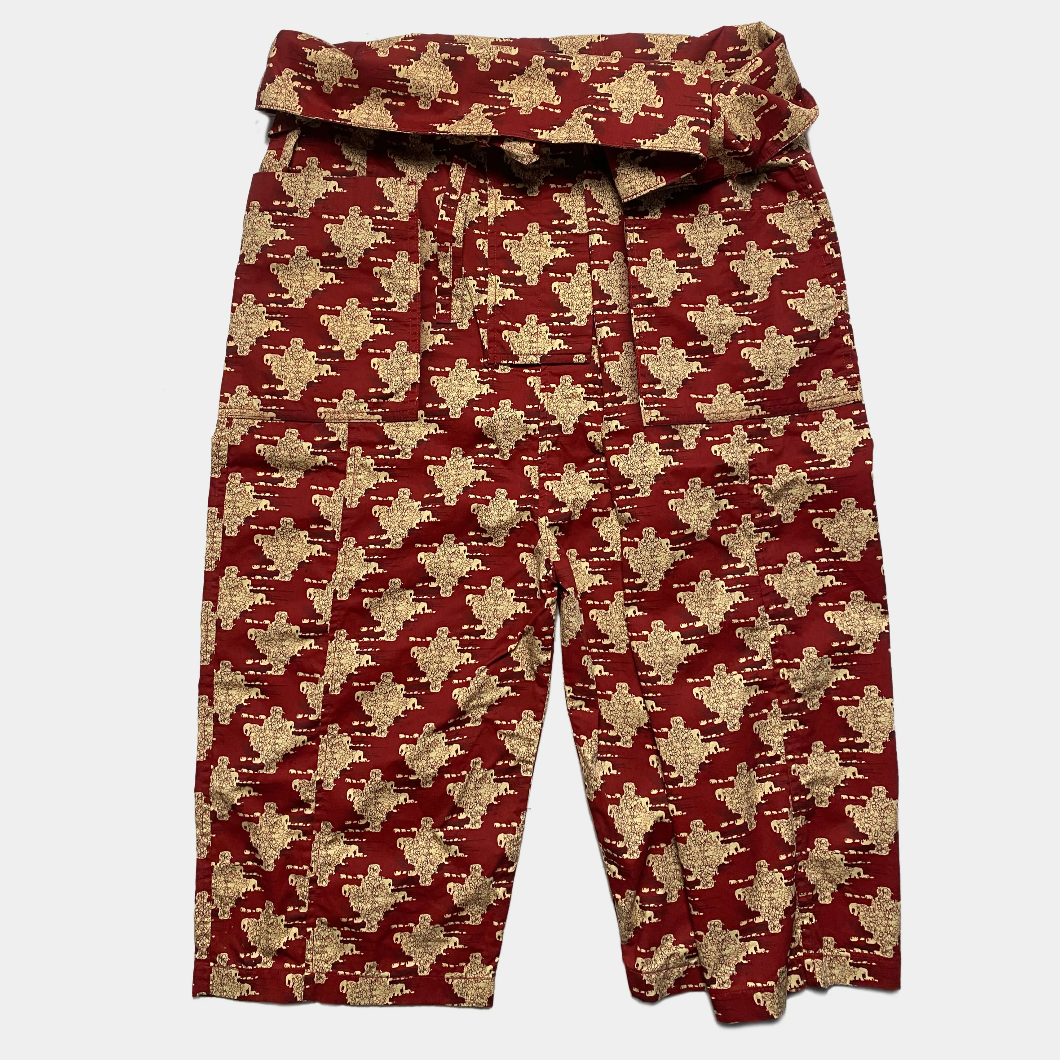 BZEN M.1063 SAWADEE-ER RELAX FIT UNISEX ANKLE LENGTH ELEPHANT PRINT POPLIN THAI FISHERMEN 4 POCKET DENIM WRAP PANT-5OZ-E0 RED