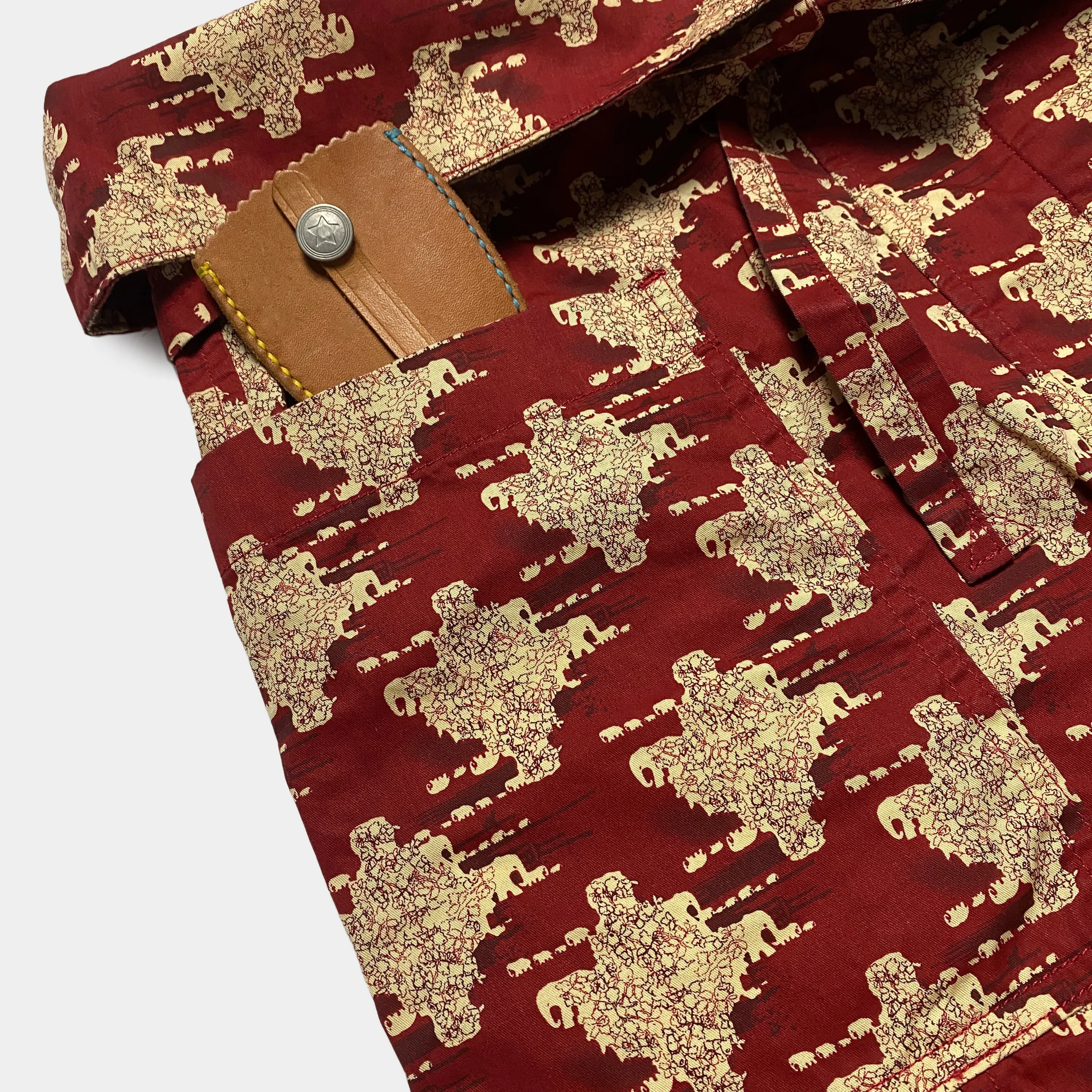 BZEN M.1063 SAWADEE-ER RELAX FIT UNISEX ANKLE LENGTH ELEPHANT PRINT POPLIN THAI FISHERMEN 4 POCKET DENIM WRAP PANT-5OZ-E0 RED