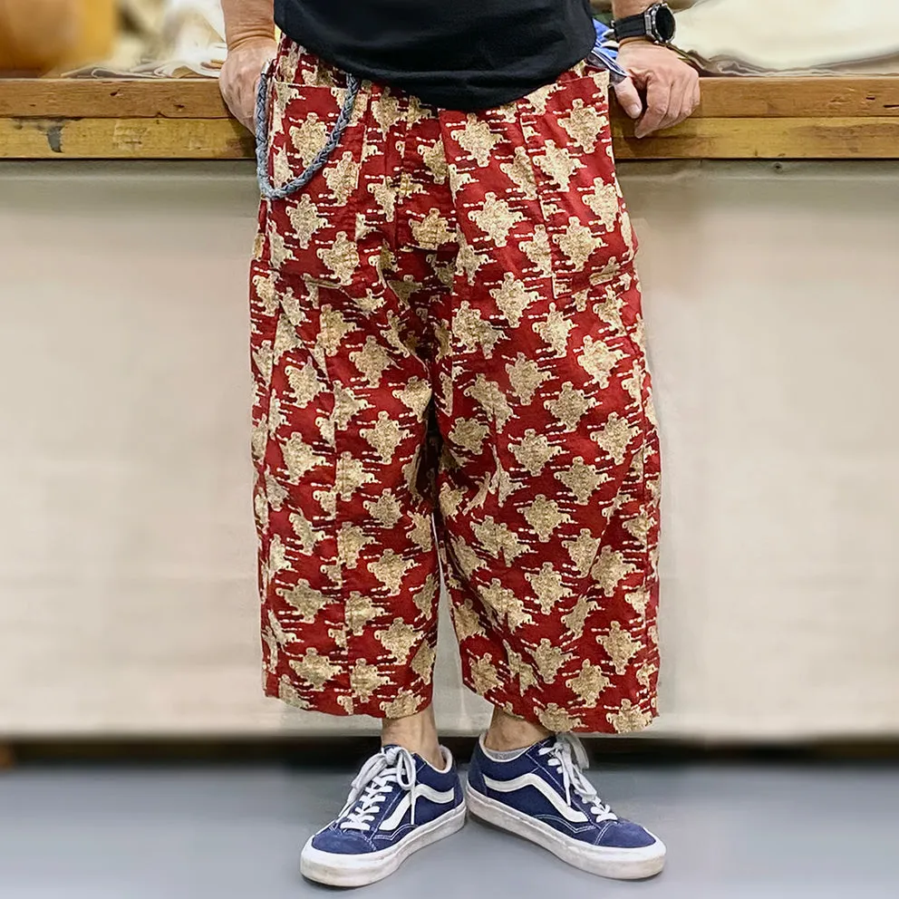 BZEN M.1063 SAWADEE-ER RELAX FIT UNISEX ANKLE LENGTH ELEPHANT PRINT POPLIN THAI FISHERMEN 4 POCKET DENIM WRAP PANT-5OZ-E0 RED