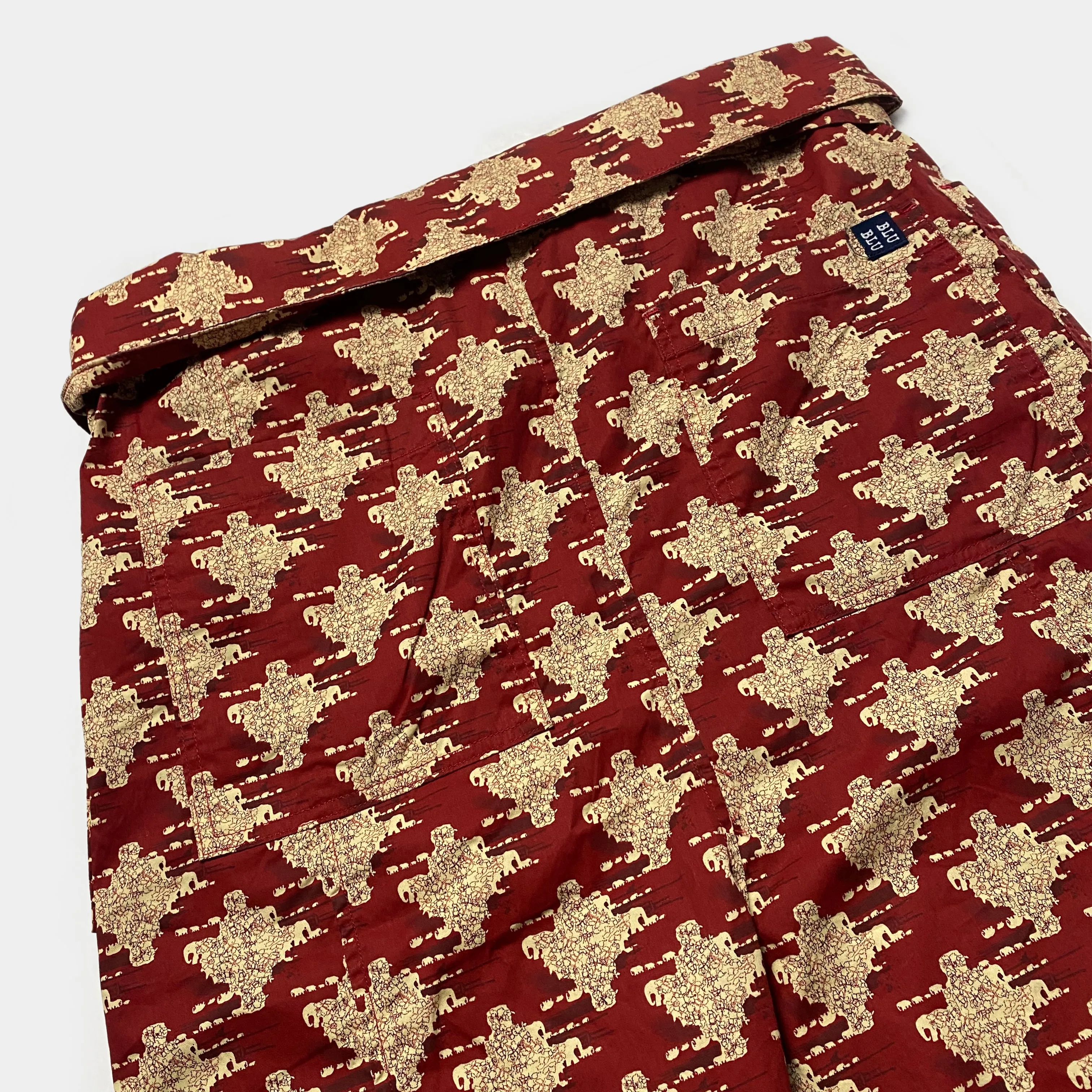 BZEN M.1063 SAWADEE-ER RELAX FIT UNISEX ANKLE LENGTH ELEPHANT PRINT POPLIN THAI FISHERMEN 4 POCKET DENIM WRAP PANT-5OZ-E0 RED