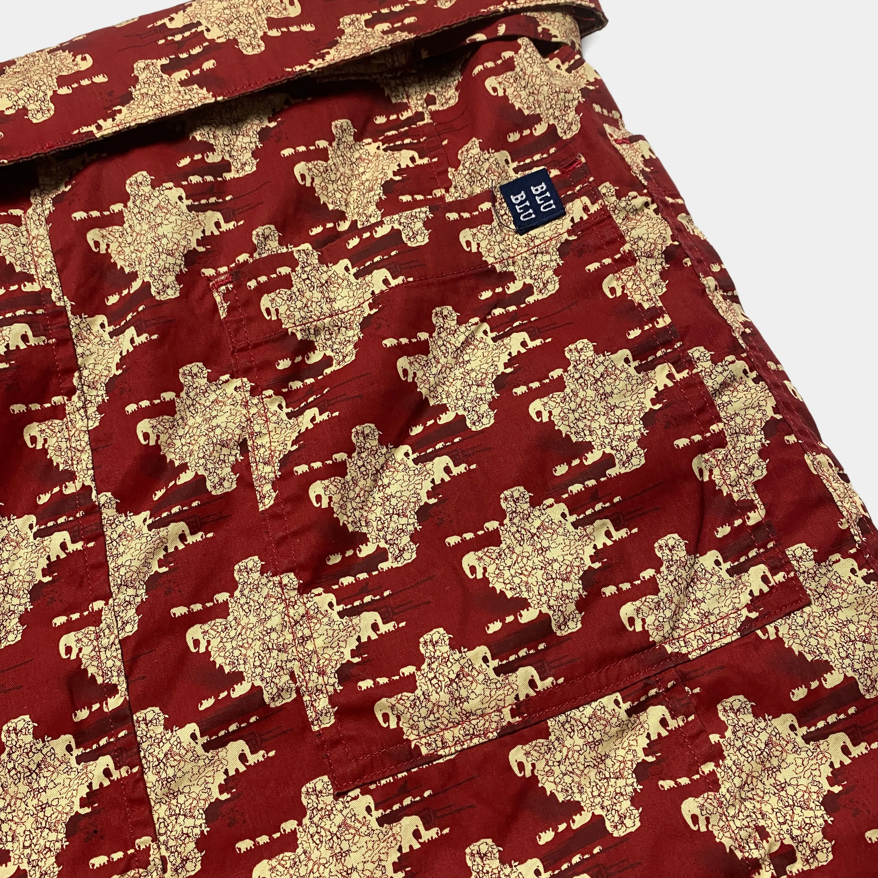 BZEN M.1063 SAWADEE-ER RELAX FIT UNISEX ANKLE LENGTH ELEPHANT PRINT POPLIN THAI FISHERMEN 4 POCKET DENIM WRAP PANT-5OZ-E0 RED