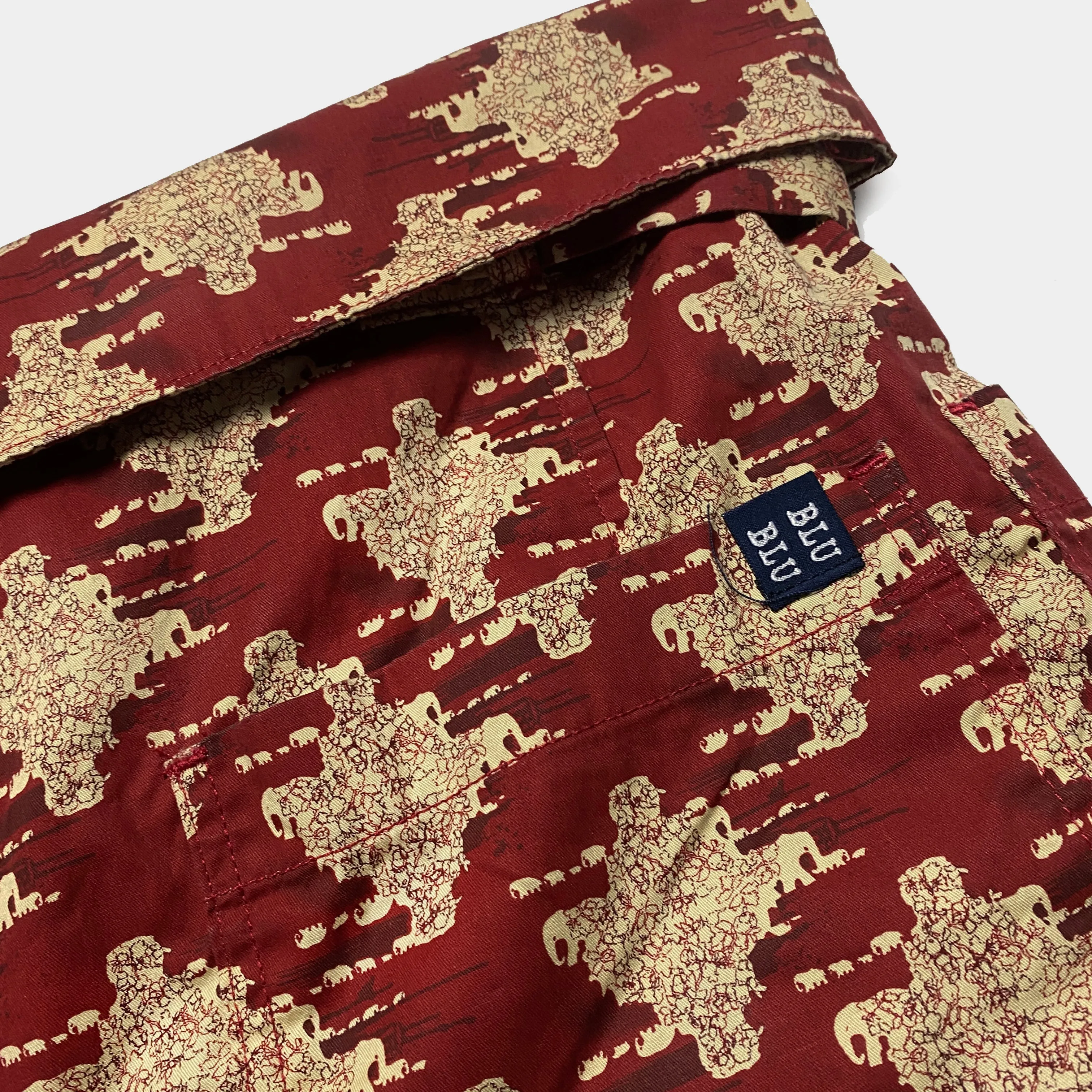 BZEN M.1063 SAWADEE-ER RELAX FIT UNISEX ANKLE LENGTH ELEPHANT PRINT POPLIN THAI FISHERMEN 4 POCKET DENIM WRAP PANT-5OZ-E0 RED