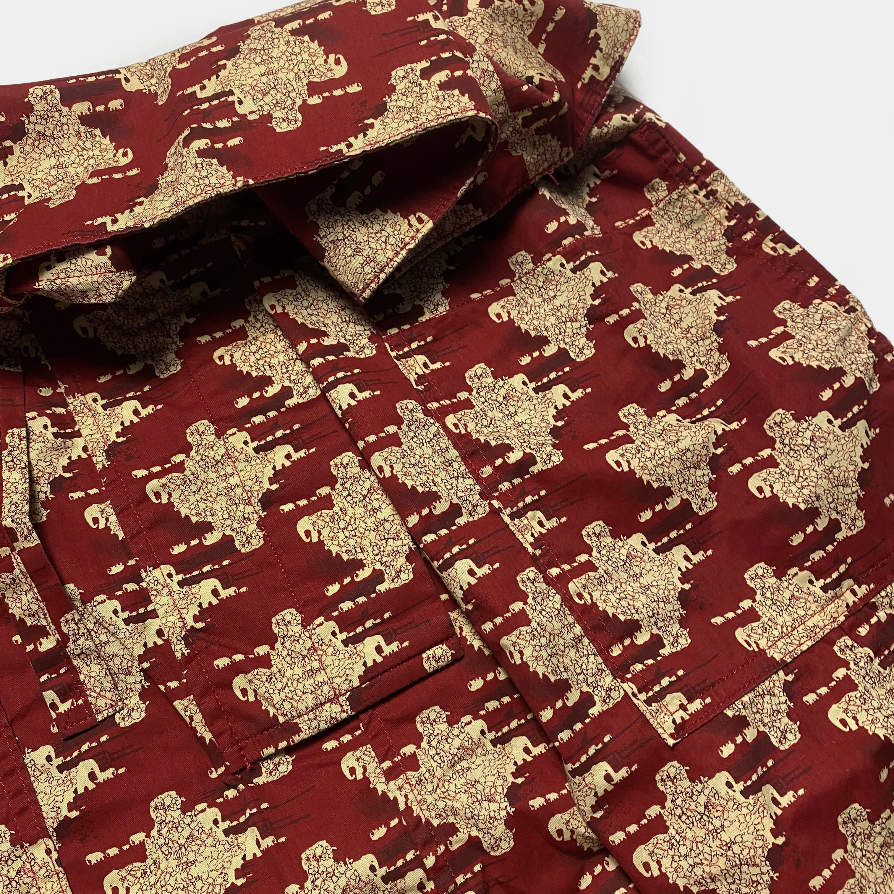 BZEN M.1063 SAWADEE-ER RELAX FIT UNISEX ANKLE LENGTH ELEPHANT PRINT POPLIN THAI FISHERMEN 4 POCKET DENIM WRAP PANT-5OZ-E0 RED