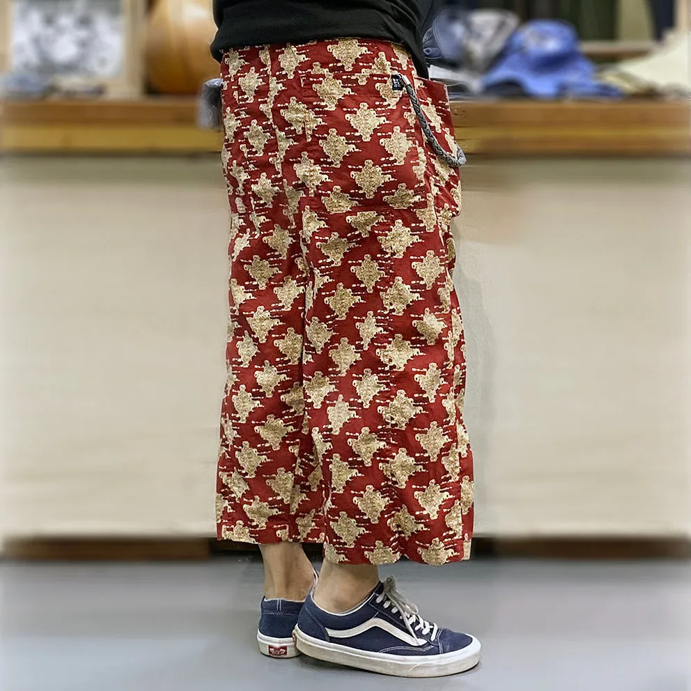 BZEN M.1063 SAWADEE-ER RELAX FIT UNISEX ANKLE LENGTH ELEPHANT PRINT POPLIN THAI FISHERMEN 4 POCKET DENIM WRAP PANT-5OZ-E0 RED