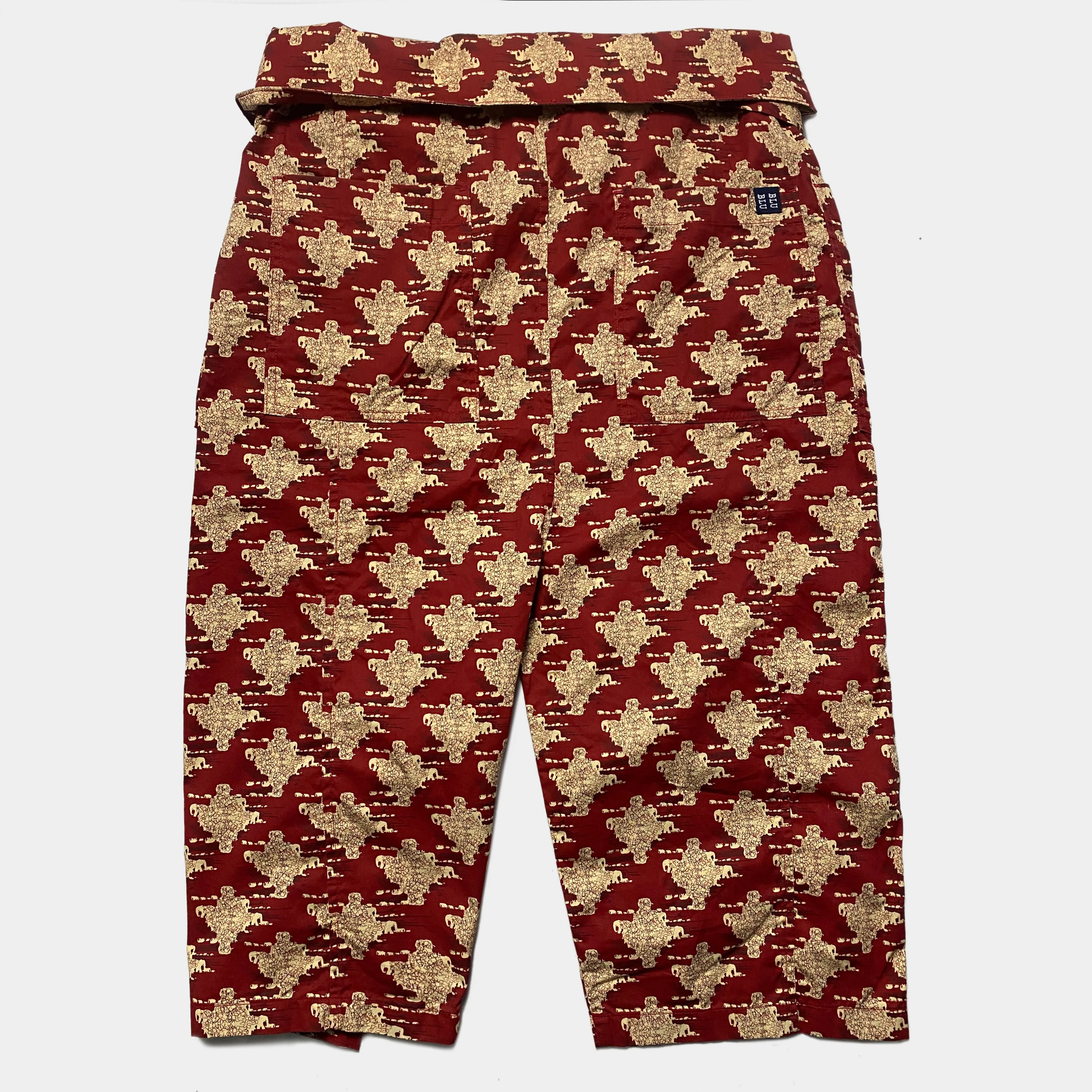 BZEN M.1063 SAWADEE-ER RELAX FIT UNISEX ANKLE LENGTH ELEPHANT PRINT POPLIN THAI FISHERMEN 4 POCKET DENIM WRAP PANT-5OZ-E0 RED
