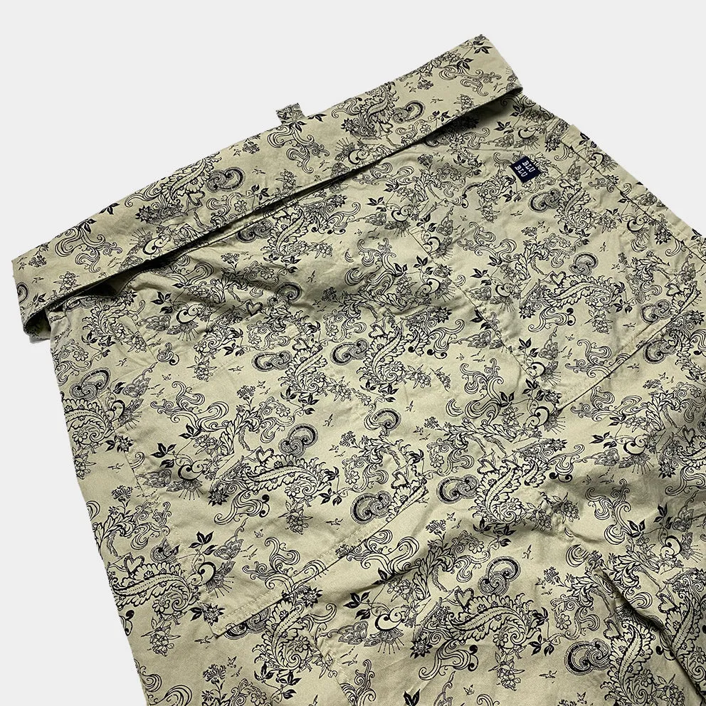 BZEN M.1063 SAWADEE-FB RELAX FIT UNISEX ANKLE LENGTH FLORAL PRINT POPLIN THAI FISHERMEN 4 POCKET DENIM WRAP PANT-5OZ-E0 BIEGE