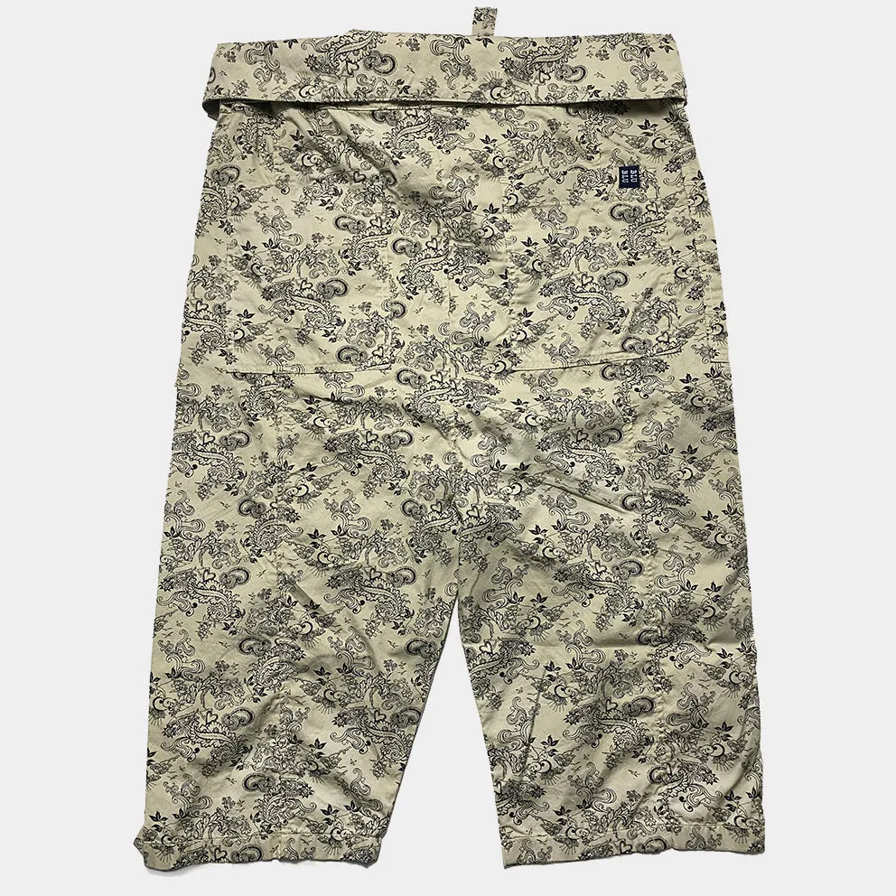 BZEN M.1063 SAWADEE-FB RELAX FIT UNISEX ANKLE LENGTH FLORAL PRINT POPLIN THAI FISHERMEN 4 POCKET DENIM WRAP PANT-5OZ-E0 BIEGE
