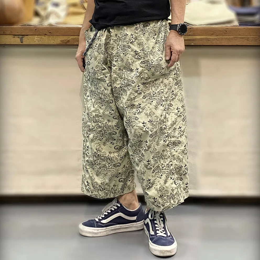 BZEN M.1063 SAWADEE-FB RELAX FIT UNISEX ANKLE LENGTH FLORAL PRINT POPLIN THAI FISHERMEN 4 POCKET DENIM WRAP PANT-5OZ-E0 BIEGE