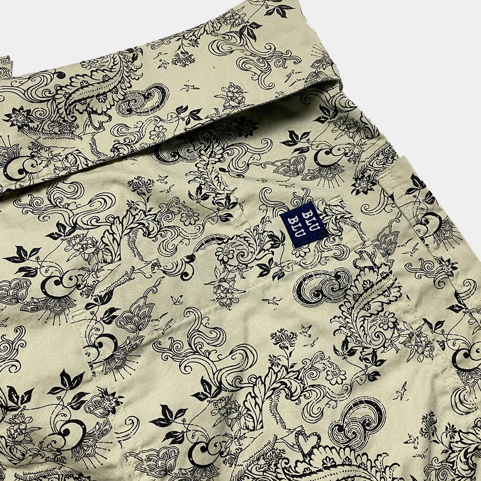 BZEN M.1063 SAWADEE-FB RELAX FIT UNISEX ANKLE LENGTH FLORAL PRINT POPLIN THAI FISHERMEN 4 POCKET DENIM WRAP PANT-5OZ-E0 BIEGE