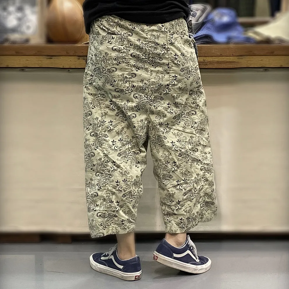 BZEN M.1063 SAWADEE-FB RELAX FIT UNISEX ANKLE LENGTH FLORAL PRINT POPLIN THAI FISHERMEN 4 POCKET DENIM WRAP PANT-5OZ-E0 BIEGE