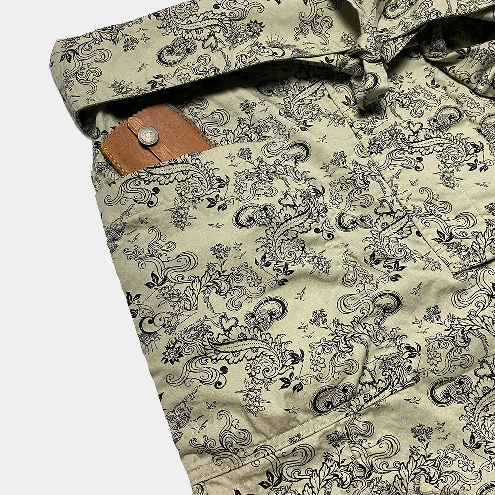 BZEN M.1063 SAWADEE-FB RELAX FIT UNISEX ANKLE LENGTH FLORAL PRINT POPLIN THAI FISHERMEN 4 POCKET DENIM WRAP PANT-5OZ-E0 BIEGE