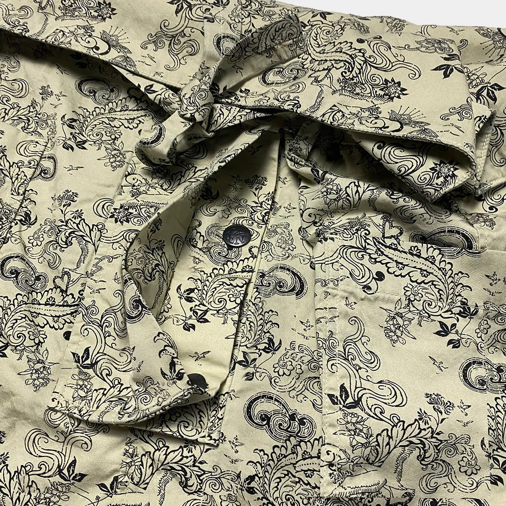 BZEN M.1063 SAWADEE-FB RELAX FIT UNISEX ANKLE LENGTH FLORAL PRINT POPLIN THAI FISHERMEN 4 POCKET DENIM WRAP PANT-5OZ-E0 BIEGE