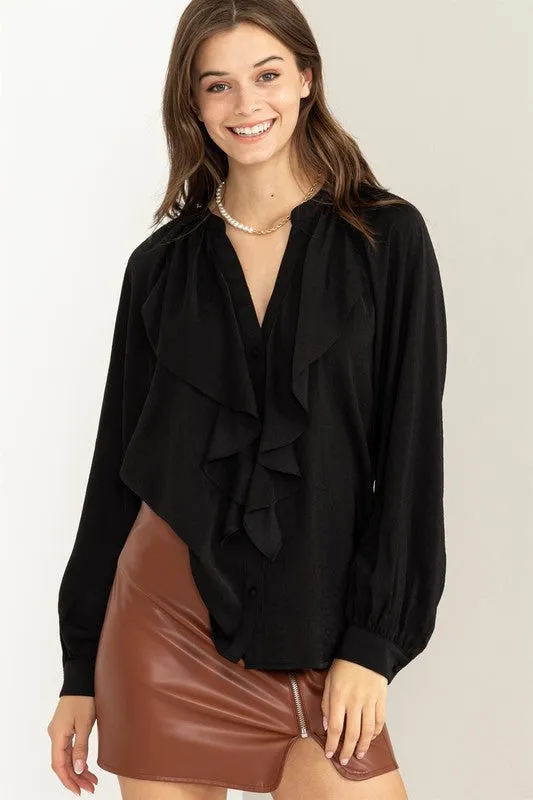 Casual V-Neck Long Sleeve Ruffle Blouse
