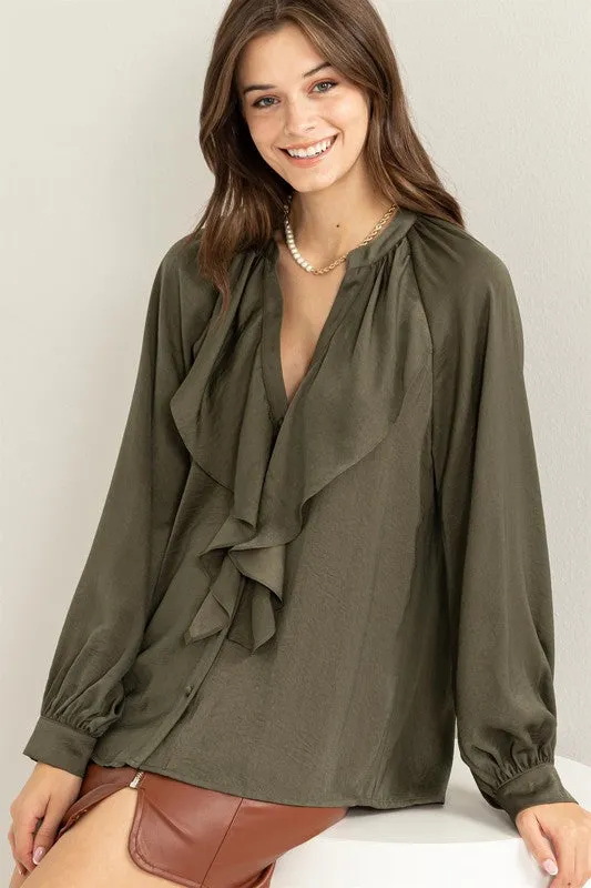 Casual V-Neck Long Sleeve Ruffle Blouse