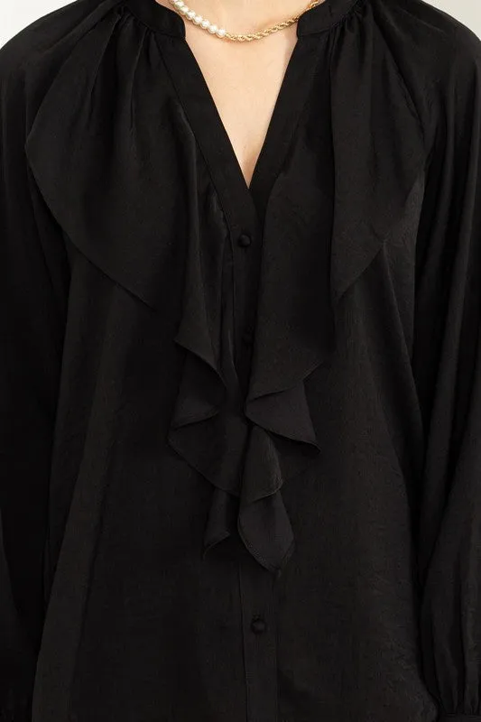 Casual V-Neck Long Sleeve Ruffle Blouse