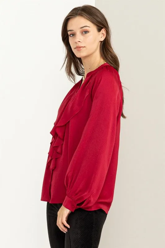Casual V-Neck Long Sleeve Ruffle Blouse