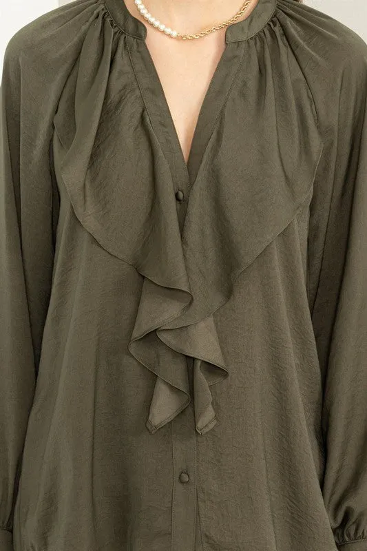 Casual V-Neck Long Sleeve Ruffle Blouse