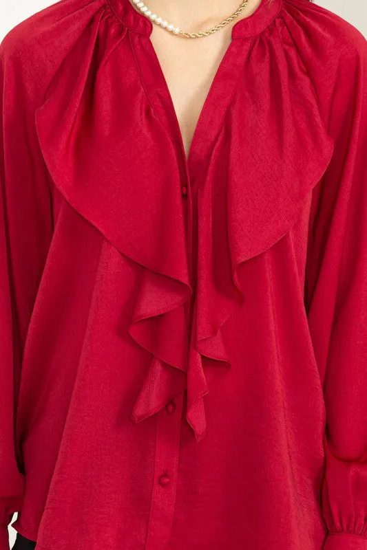 Casual V-Neck Long Sleeve Ruffle Blouse