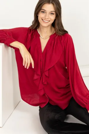 Casual V-Neck Long Sleeve Ruffle Blouse