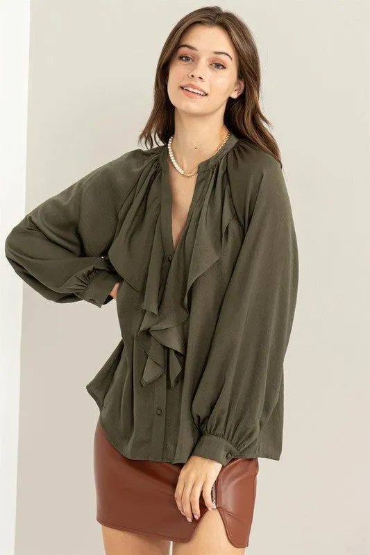 Casual V-Neck Long Sleeve Ruffle Blouse
