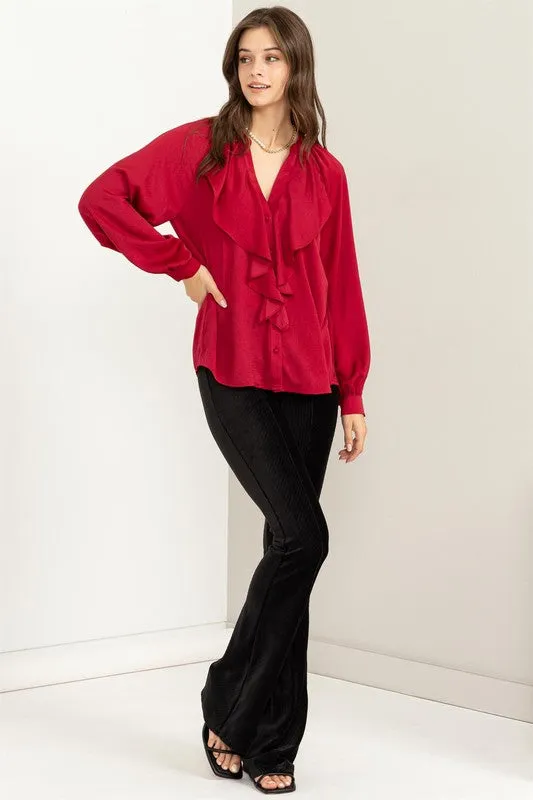 Casual V-Neck Long Sleeve Ruffle Blouse