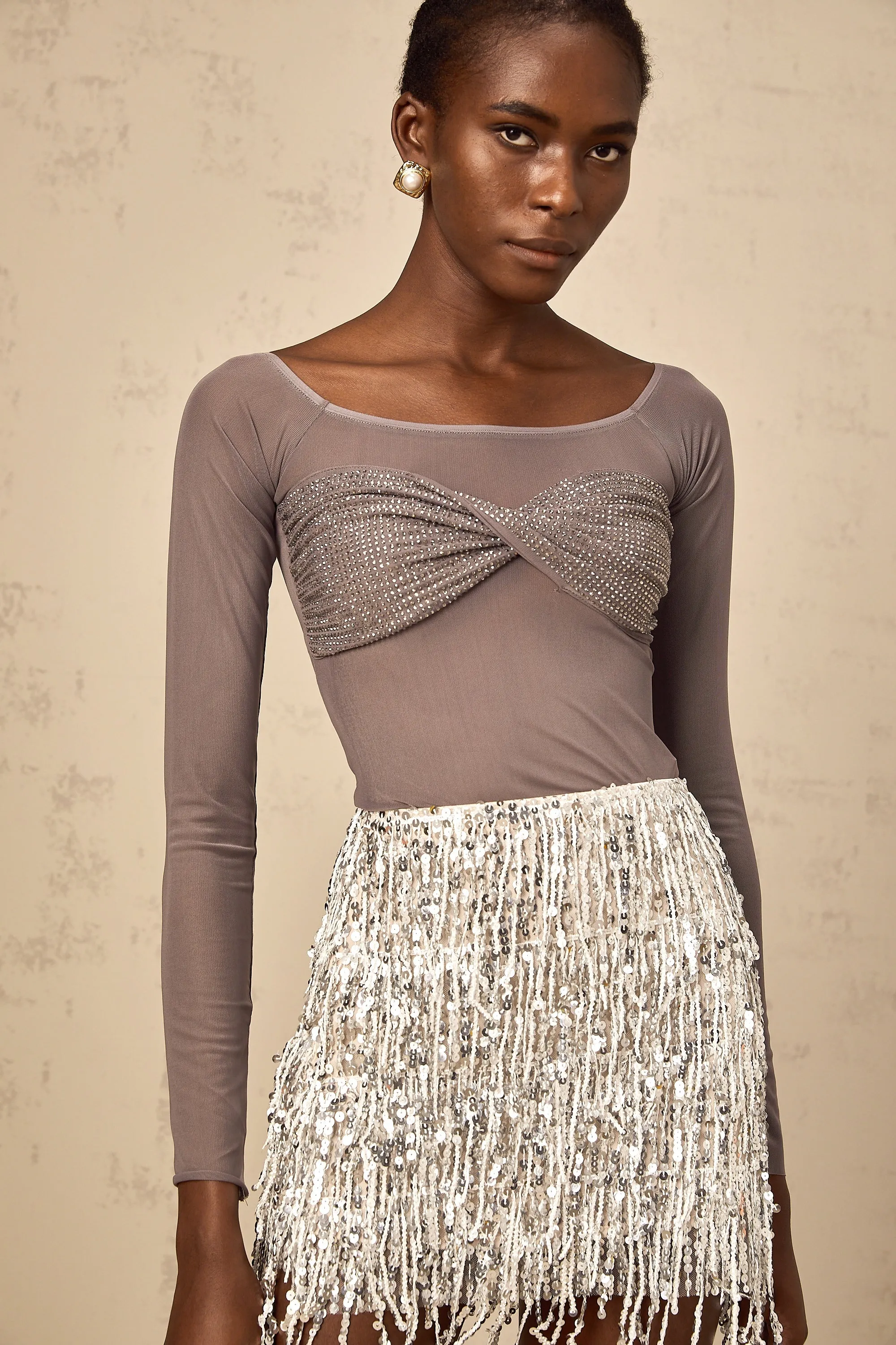Flicie grey off-shoulder embellished tulle top