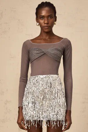 Flicie grey off-shoulder embellished tulle top