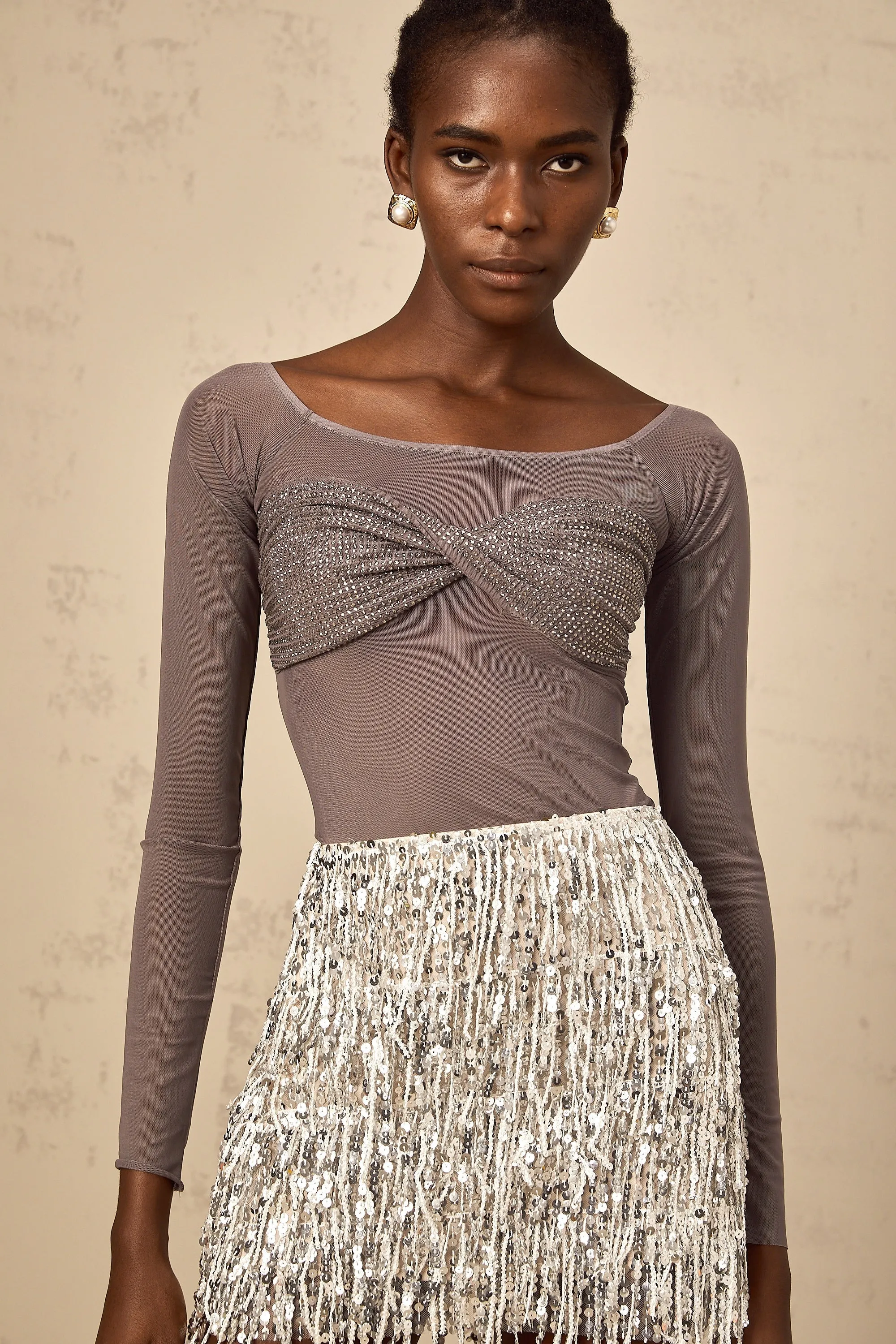 Flicie grey off-shoulder embellished tulle top