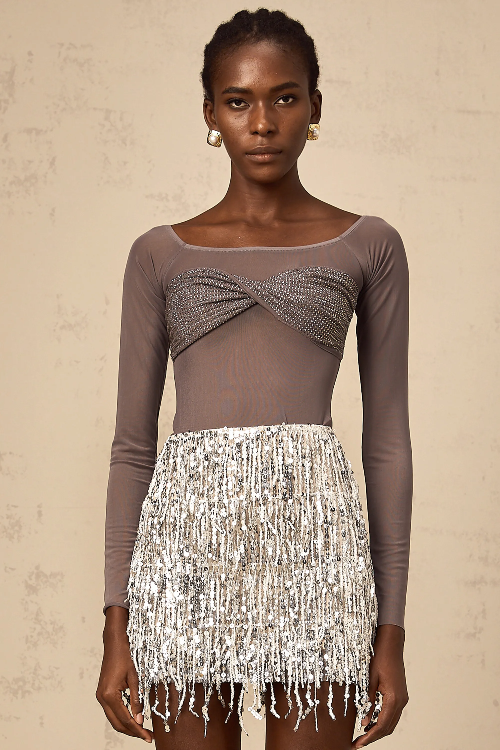Flicie grey off-shoulder embellished tulle top