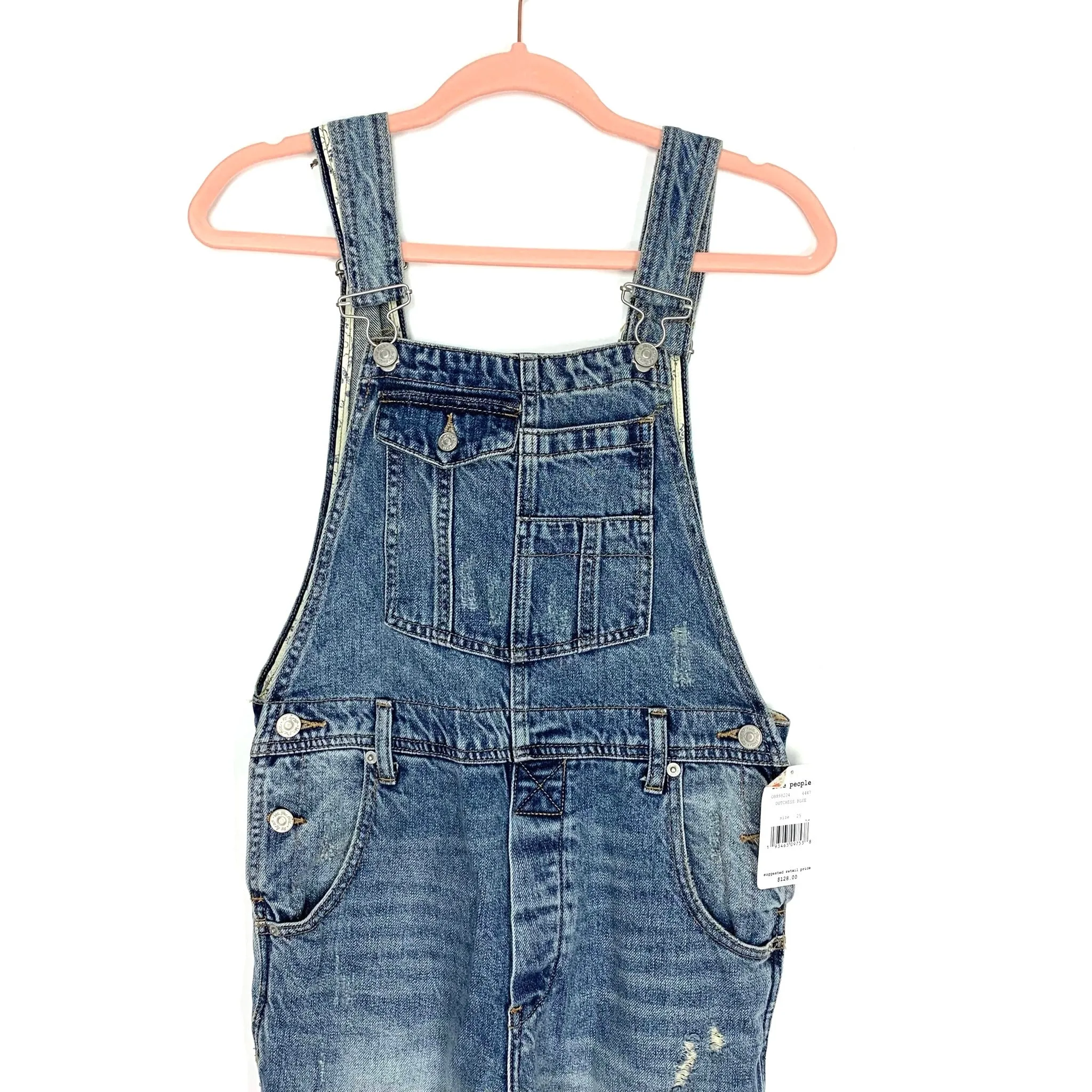 Free People We the Free Distressed Denim Overalls NWT- Size 25 (Inseam 22”)