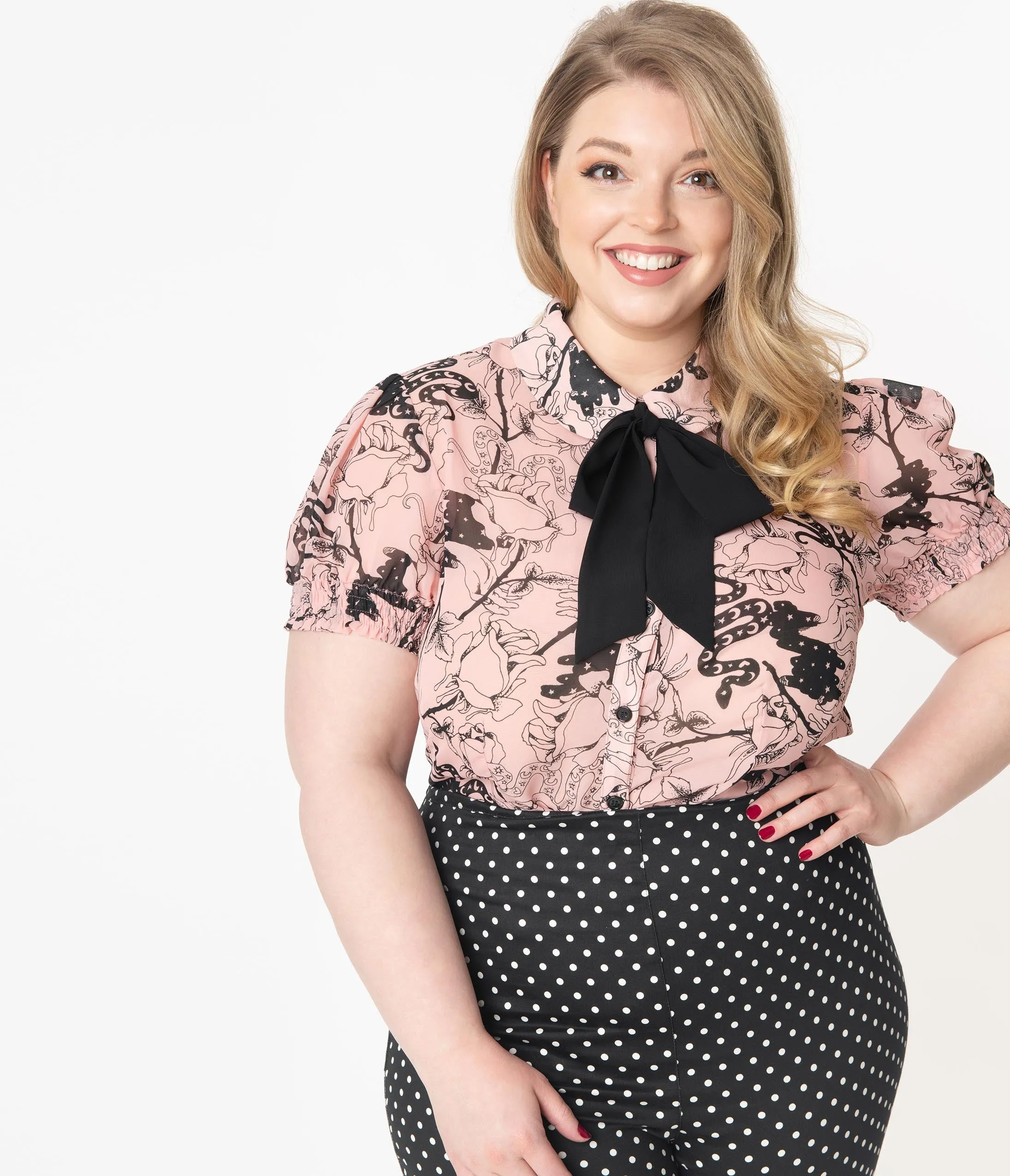 Hell Bunny Plus Size Pink & Black Floral Print Fiona Blouse