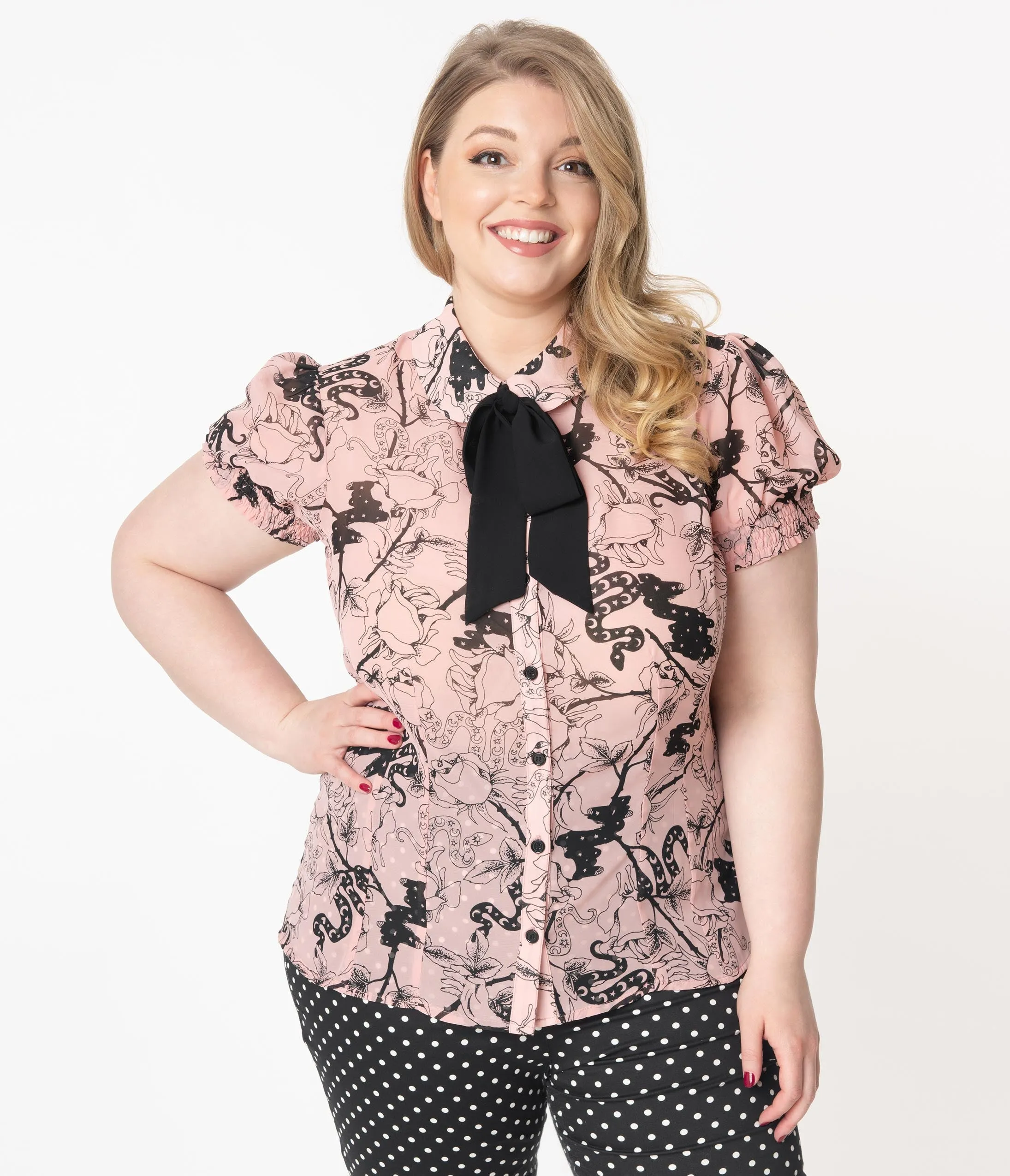 Hell Bunny Plus Size Pink & Black Floral Print Fiona Blouse