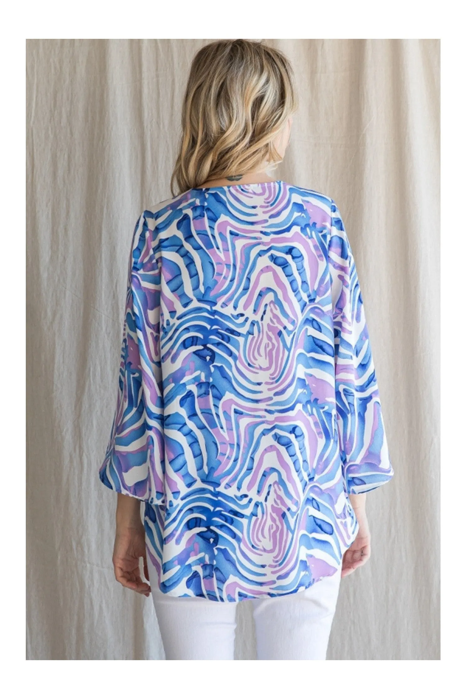 Jodifl Blue Swirl Print Blouse With Three Quarter Waterfall Sleeves