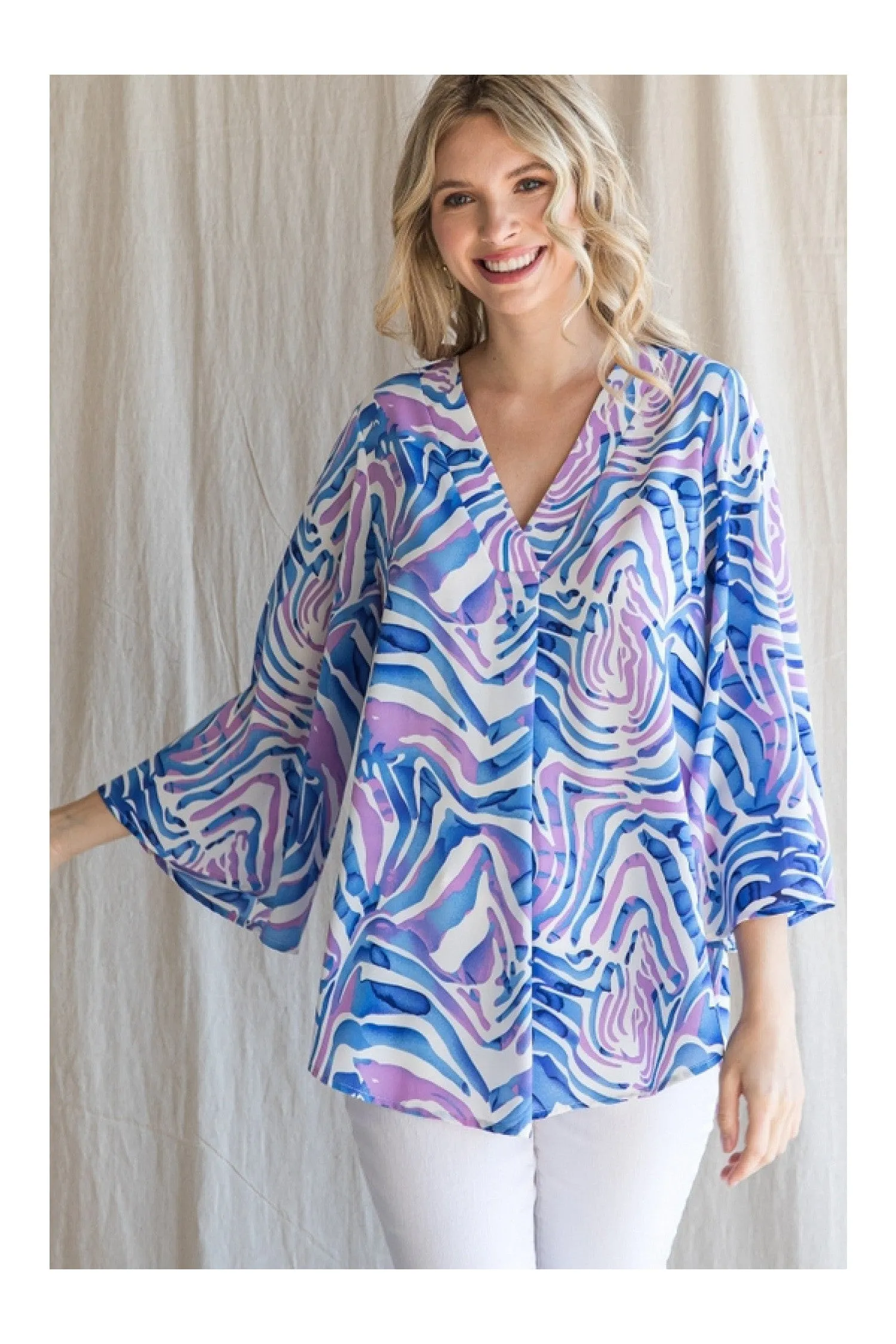 Jodifl Blue Swirl Print Blouse With Three Quarter Waterfall Sleeves
