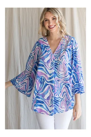 Jodifl Blue Swirl Print Blouse With Three Quarter Waterfall Sleeves