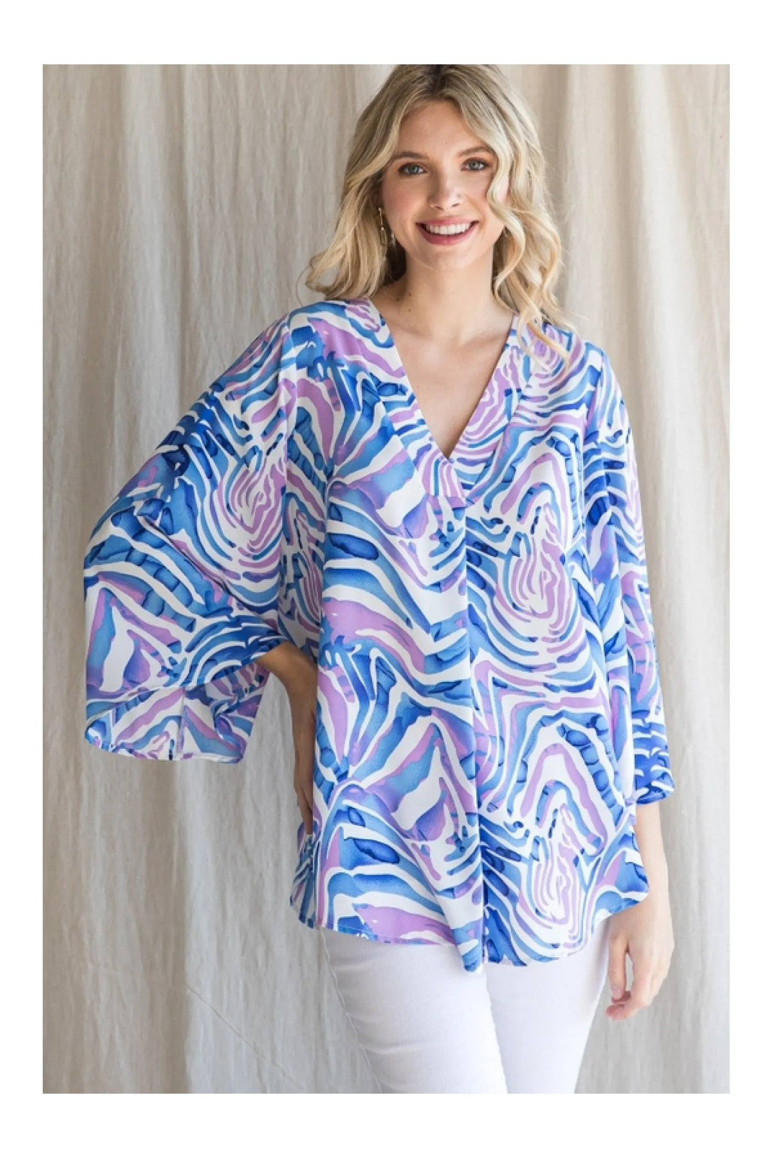 Jodifl Blue Swirl Print Blouse With Three Quarter Waterfall Sleeves