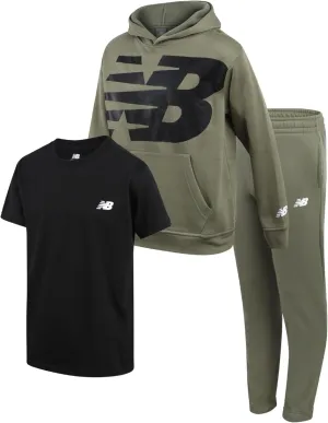 New Balance Boys' Sweatsuit Set - 3 Piece Short Sleeve T-Shirt, Fleece Hoodie Sweatshirt, and Sweatpants (2T-16)