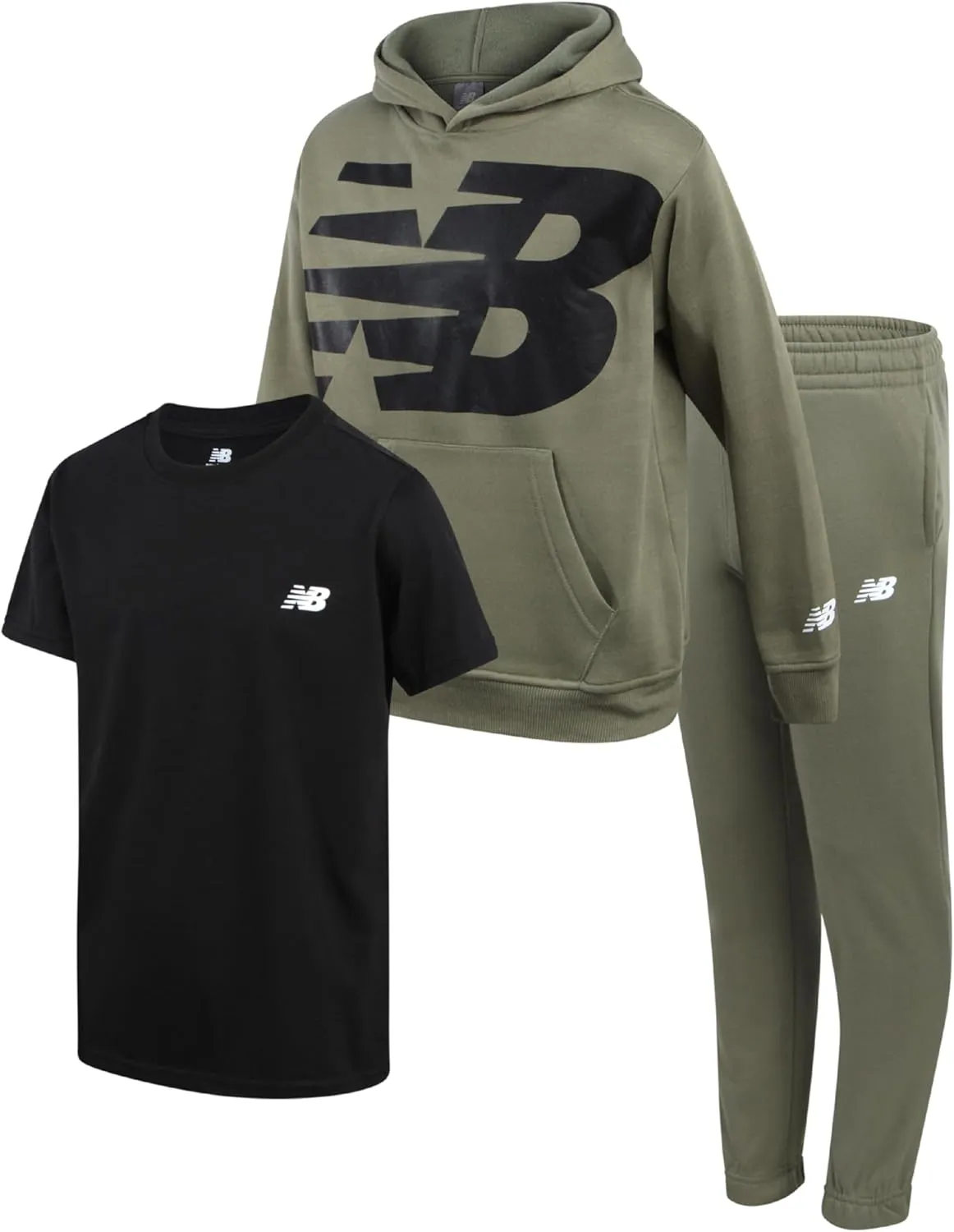 New Balance Boys' Sweatsuit Set - 3 Piece Short Sleeve T-Shirt, Fleece Hoodie Sweatshirt, and Sweatpants (2T-16)